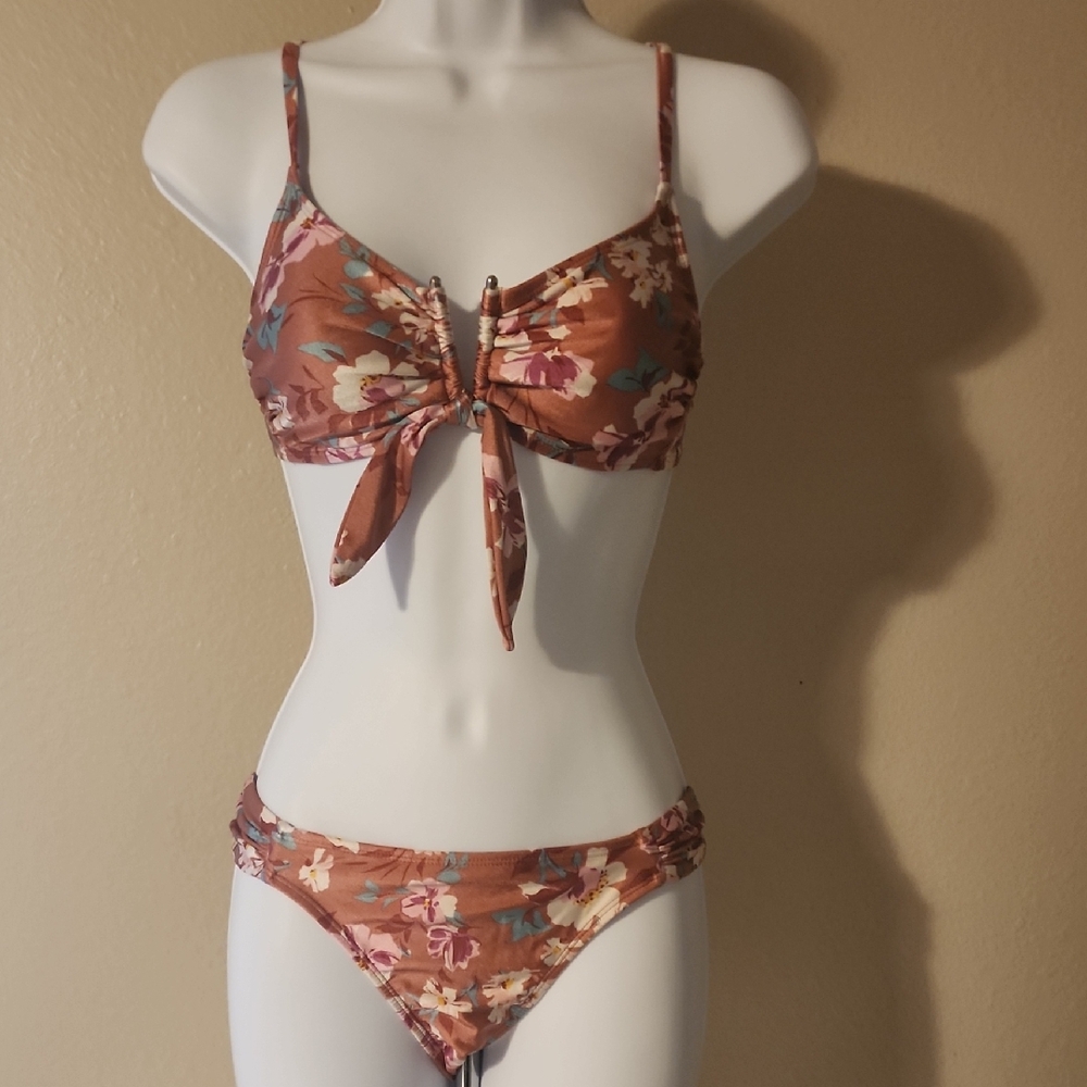Xhilaration Brown and Pink Bikini with Floral Pattern